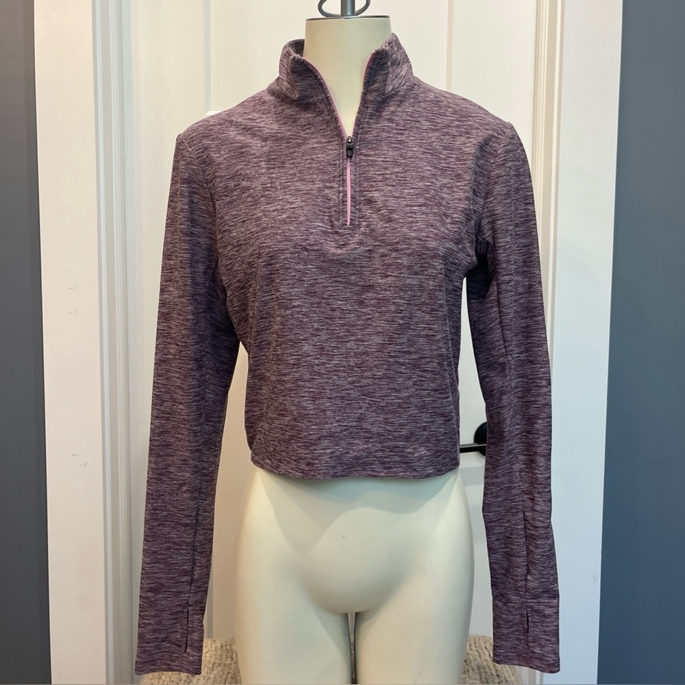 Hind Running Top Cropped 1/4 Zip Long Sleeve Purple Shirt Thumb Holes Sz Medium